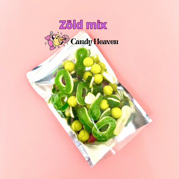 Zöld Mix édességcsomag – savanyú alma karika, béka gumicukor, savanyú tenisz rágógumi és dinnye szelet egy csomagban