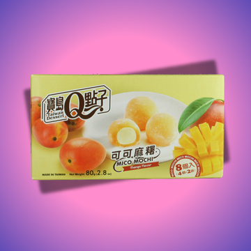 Mangó ízű mochi, rágós rizslabdák mangó töltelékkel, japán édesség egzotikus gyümölcsízzel.