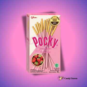 Eper ízű Pocky ropogós pálcikák, csokoládéval bevonva, japán édesség.