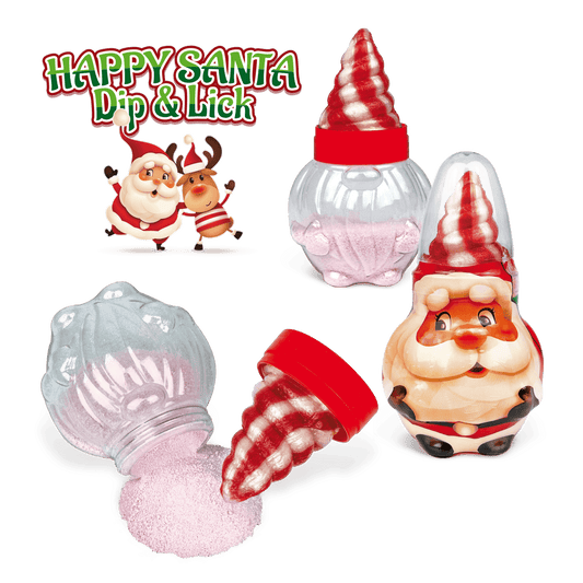 Happy Santa Dip n Lick 50g mártogatós nyalóka, ízletes édesség ünnepi díszítéssel és mártogatós szósszal