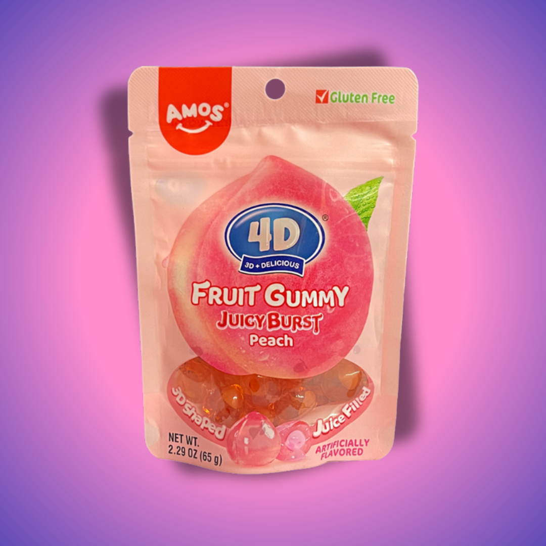 Amos Peach Burst Őszibaracklével Töltött 4D Gumicukor 65g – hámozható gumicukor friss őszibarack ízzel és egyedi textúrával