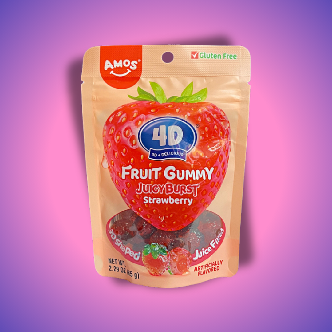 Amos Strawberry Burst Eperlével Töltött 4D Gumicukor 65g – hámozható gumicukor friss eper ízzel és egyedi textúrával