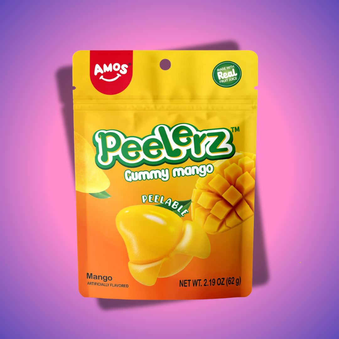 Amos Peelerz Mangós Hámozható Gumicukor 65g – Valódi mangó- és almalevet tartalmazó, hámozható gumicukor trópusi ízekkel és szórakoztató élménnyel