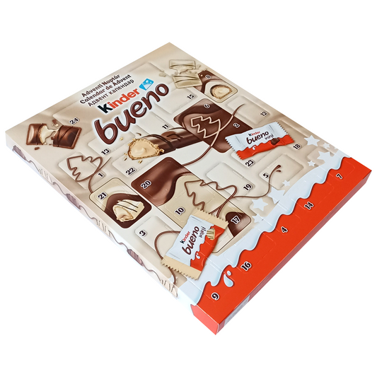 Kinder Bueno adventi naptár, tele csokoládéval és krémes töltelékkel, ünnepi dizájnnal, amely minden nap új édességet rejt Fedezd fel a Kinder Bueno adventi naptár varázslatos világát! Minden nap egy ínycsiklandó csokoládés meglepetés vár rád. Tudd meg, miért a Kinder Bueno a legjobb választás az ünnepi várakozáshoz, és tedd felejthetetlenné az adventi időszakot! Kinder Bueno adventi naptár, díszített ünnepi csomagolással, amely 24 napnyi ízletes csokoládét és krémes tölteléket rejt, tökéletes az adventi 